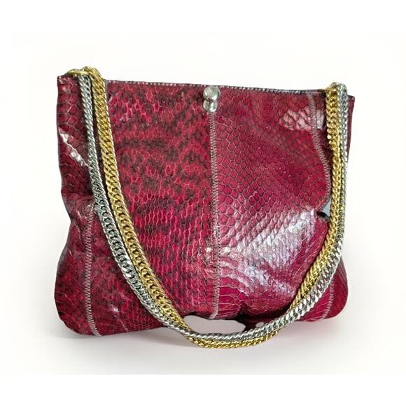 Vintage Ruth Saltz Magenta Snakeskin Leather Bag Purse Clutch Silver Gold Chain - Picture 1 of 15